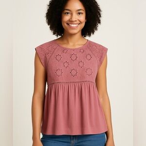 Knox Rose Womens XL Eyelet Lace Peplum Blouse Dusty Rose Festival Playful